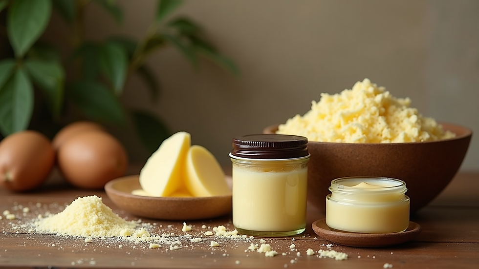 Eye-level view of natural oils and shea butter jars on rustic table