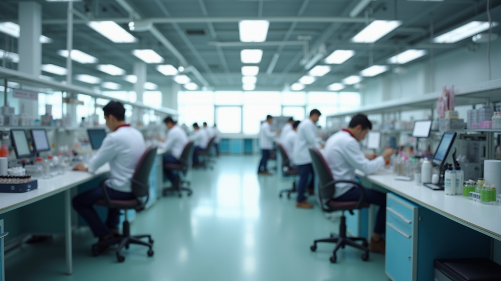 High angle view of a modern beauty manufacturing facility with organized workstations