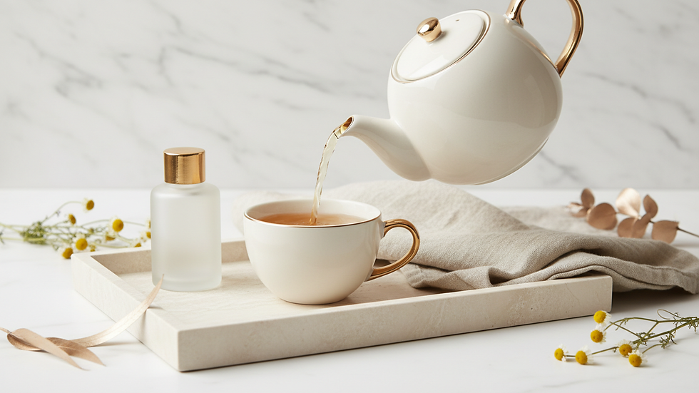 Eye-level view of a teapot pouring herbal tea into a ceramic cup