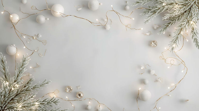 a holiday background that has gifts and decorations in light grey, hints of gold, white an