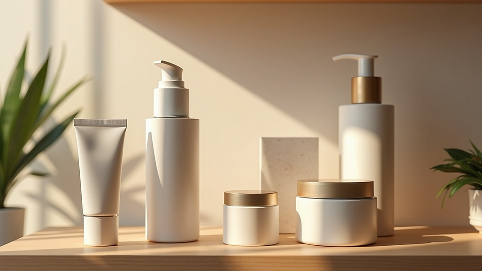 Eye-level view of a minimalist skincare product display on a wooden shelf