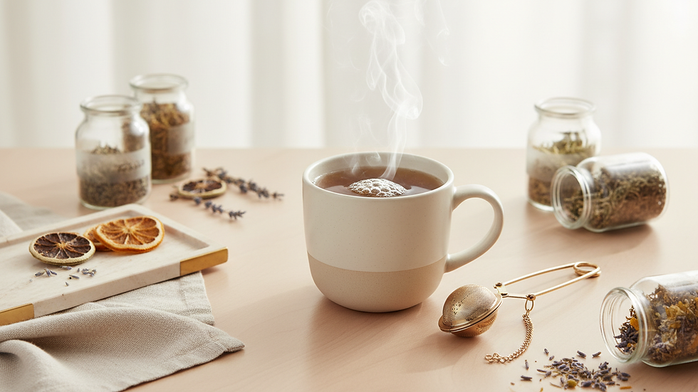 Close-up view of a steaming cup of herbal tea on a wooden table