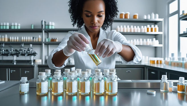 A strong image of black woman hands in clear gloves filling bottles, mixing formulas, or l