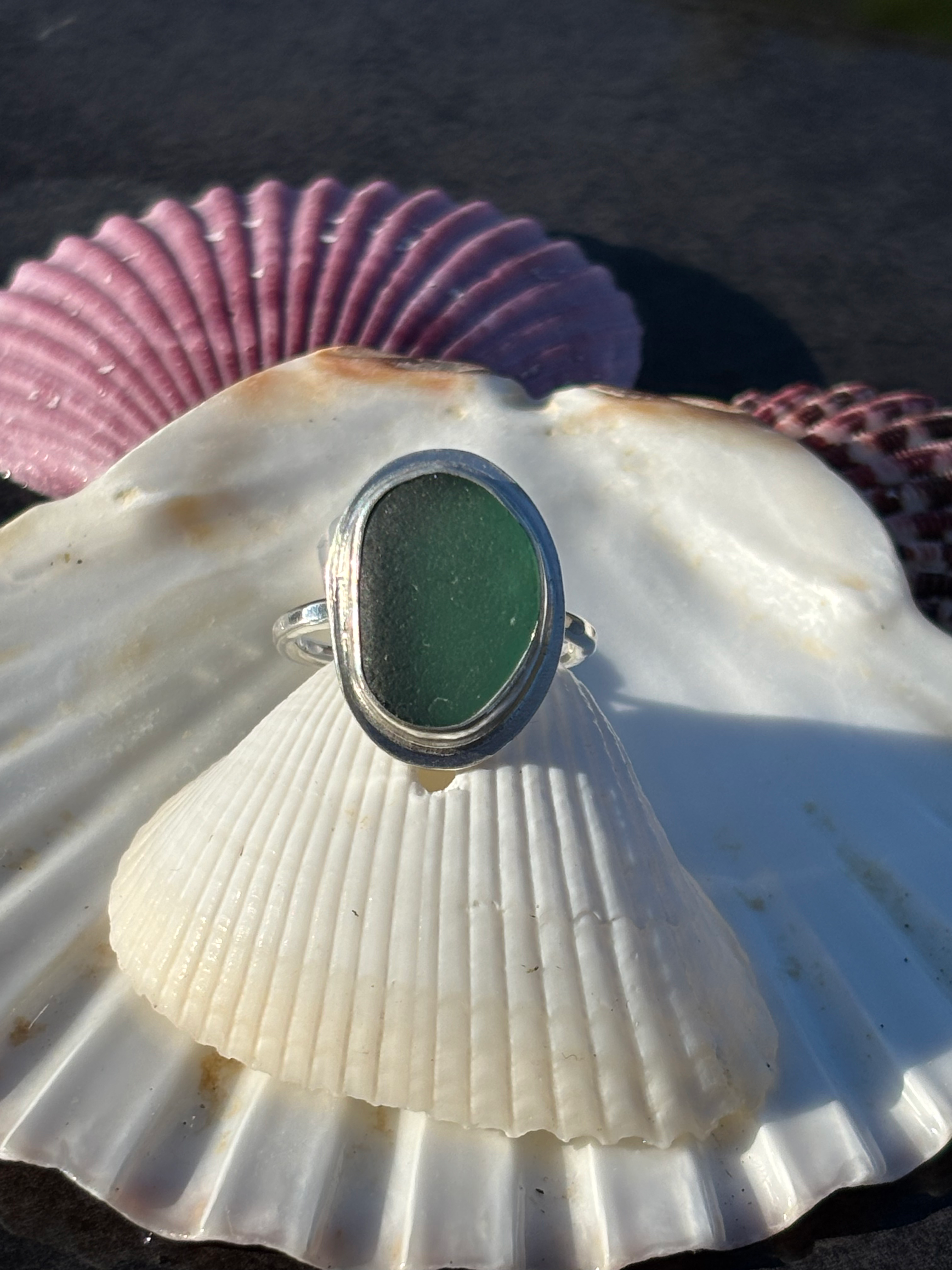 Large green sea glass ring 