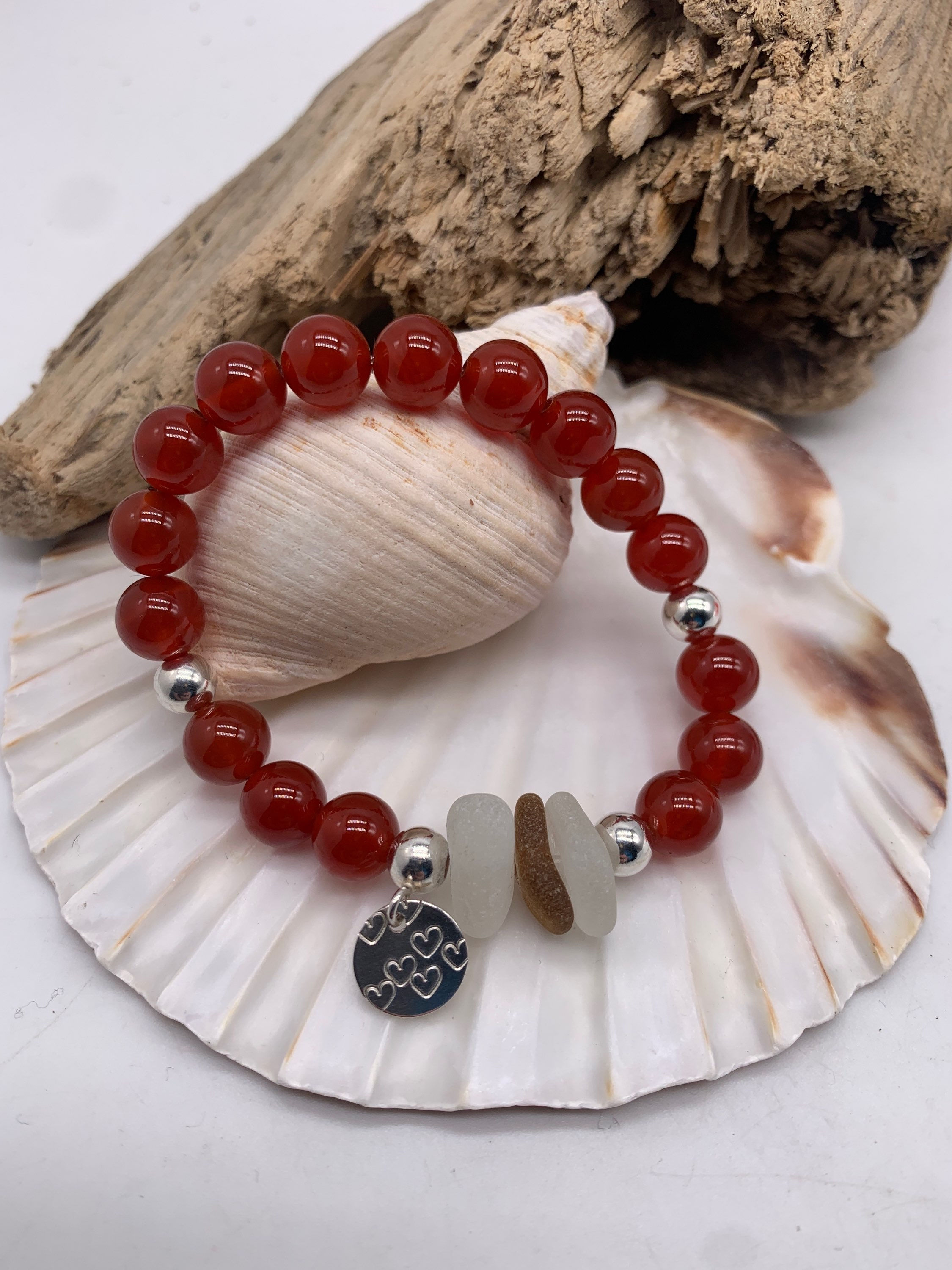 Red Carnelian and sea glass bracelet