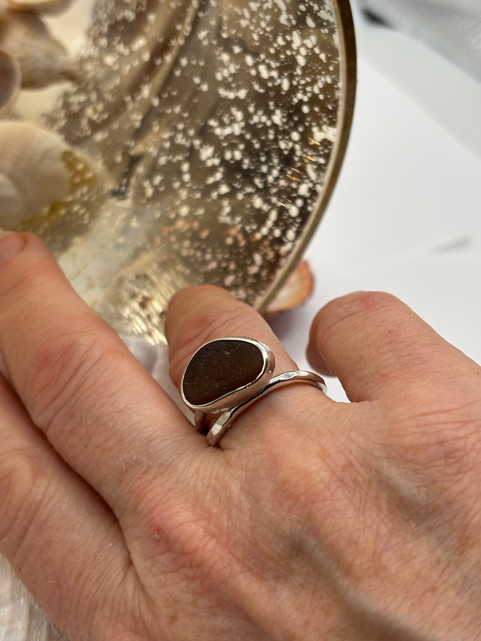 Thumbnail: Golden brown sea glass ring 