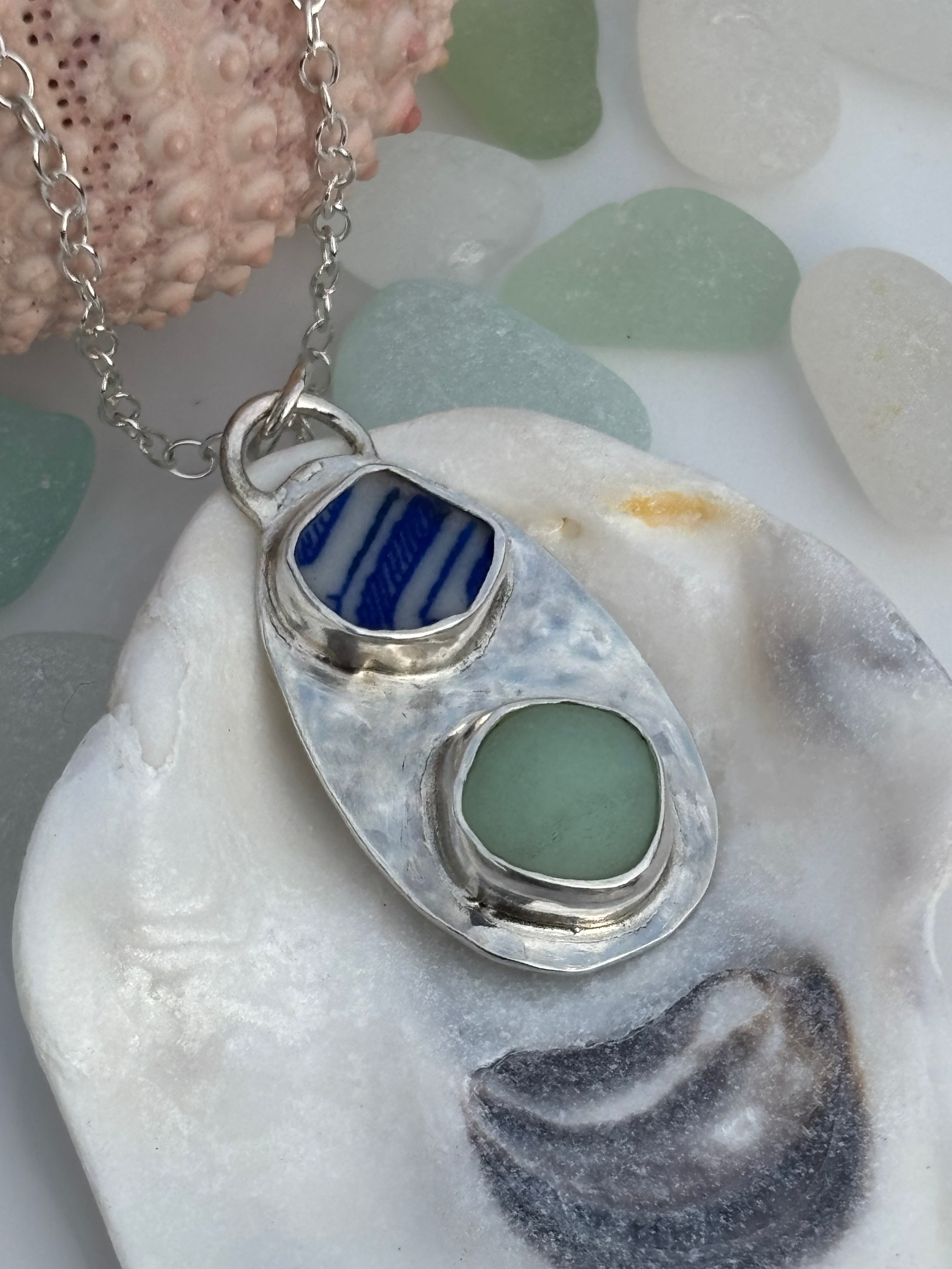 Double sea glass & pottery pendant 