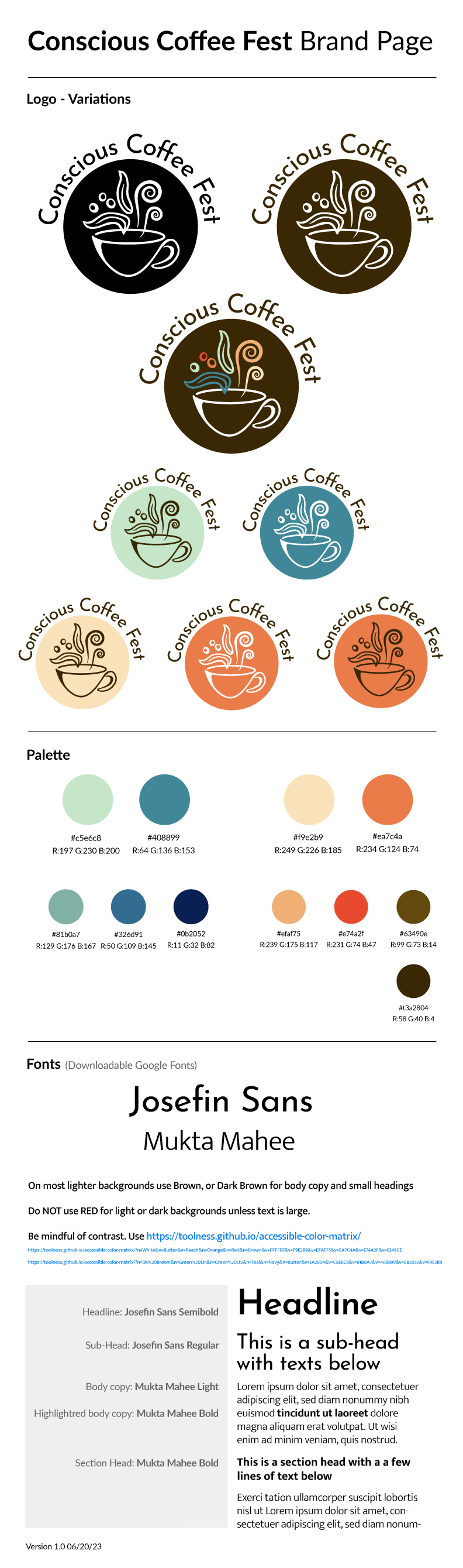 CCF Styleguide showing logo usage, palette, fonts