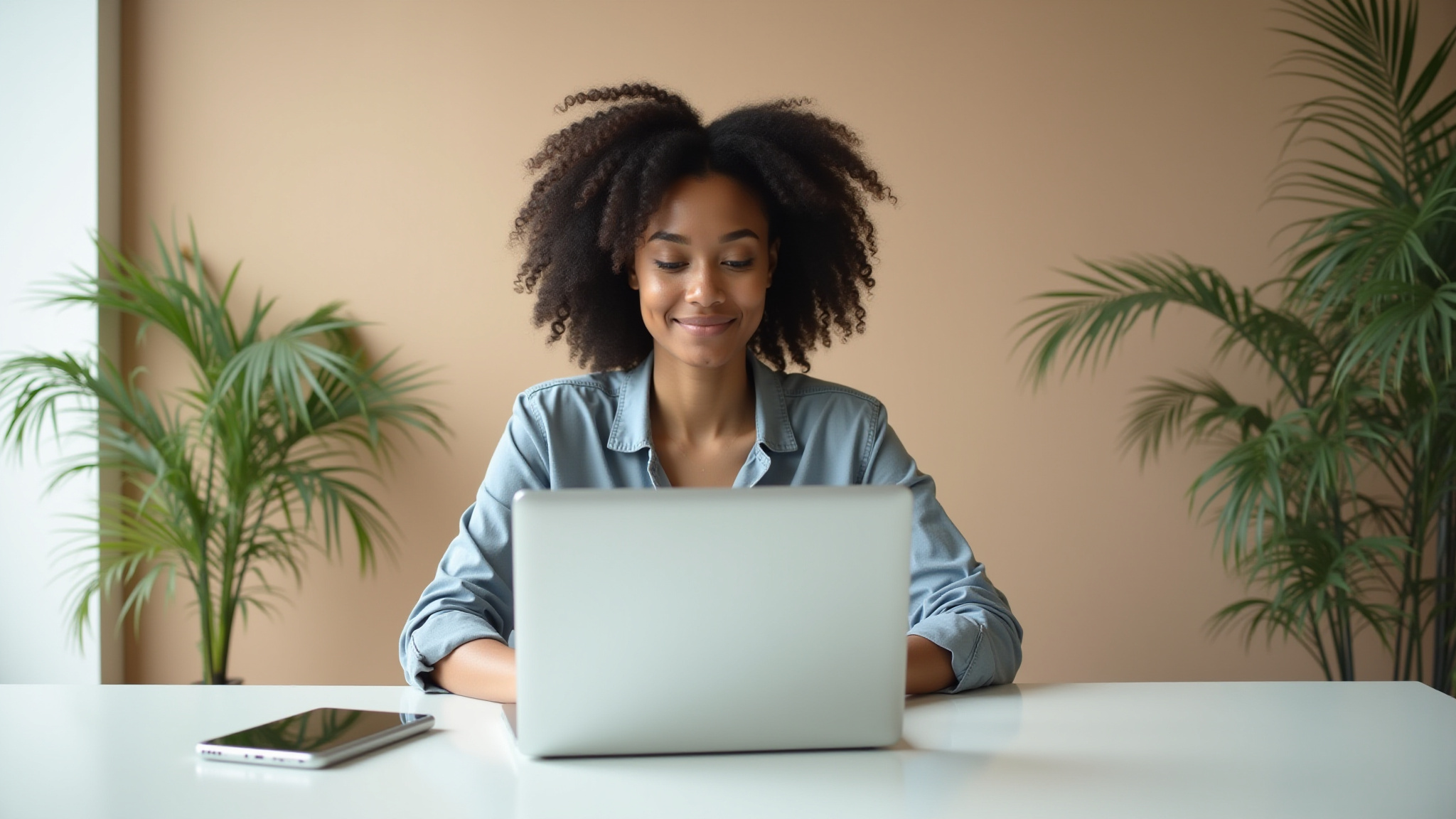Smiling woman works on laptop