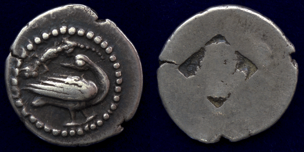 Macedonia. Eion. (circa 460-400 BC). AR Trihemiobol. (0.89g/ 12mm). Goose standing right, head reverted, lizard above/ Four-part incuse square. SNG ANS 287. About extremely fine.