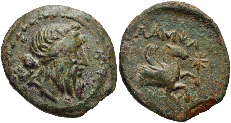 Classical Numismatic Group eAuction 226 27-Jan-2010: MYSIA, Lampsakos. Circa 190-85 BC. Æ 23mm (6.73 g, 3h). Head of Priapos right / Forepart of Pegasos right; star to right. (not my coin)