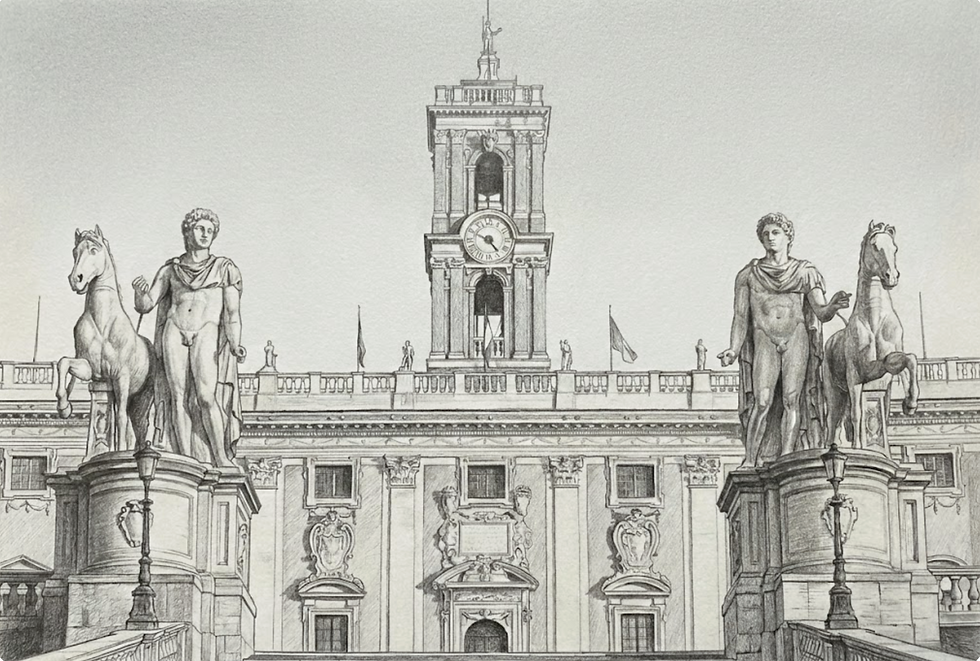Palazzo Senatorio (Senatorial Palace) with statues of Castor (left) and Pollux (right) at the top of the stairs to the Campidoglio, Rome, Italy. The giant sculptures of the Dioscuri were originally made in the 2nd century CE and discovered in 1561 at the Temple of Castor and Pollux near Circus Flaminius. They were restored in 1582 under Pope Gregory XIII and placed here in 1582-1583.