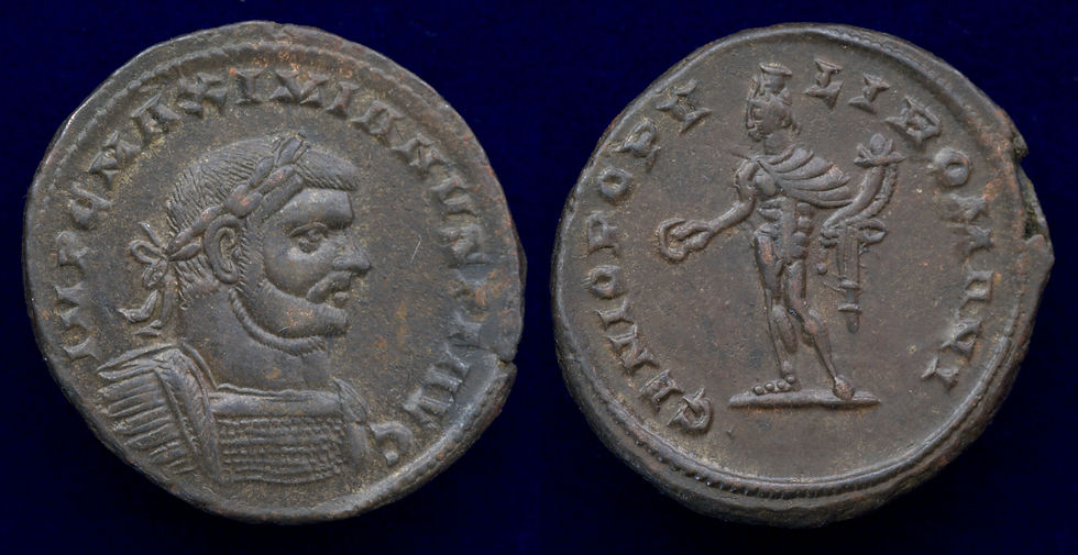 Maximianus. First reign, A.D. 286-305. Æ follis (26mm, 9.26g, 6h). London, ca. AD 300. Obv: IMP C MAXIMIANVS P F AVG, laureate and cuirassed bust of Maximianus right Rev: GENIO POPV-LI ROMANI, Genius standing facing, head left, holding patera and cornucopiae. Ref: RIC 6b. Dark brown patina Rauceby hoard 25.10.