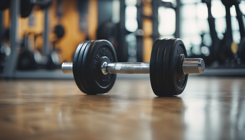 Dumbbell on gym floor, ready for weight training workout in the gym.