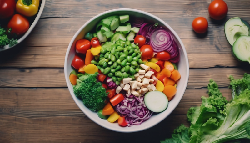Colorful salad bowl with vegetables on wooden table, healthy food concept.