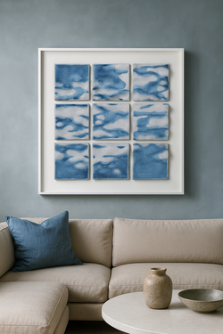 Sarah Heitmeyer_Clouds3x3 Framed_22x22in_ceramic stoneware-glazes-pine