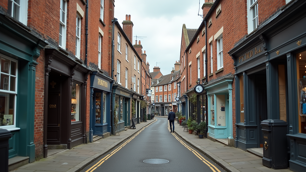 Wide angle view of a charming street in Norwich with historical buildings