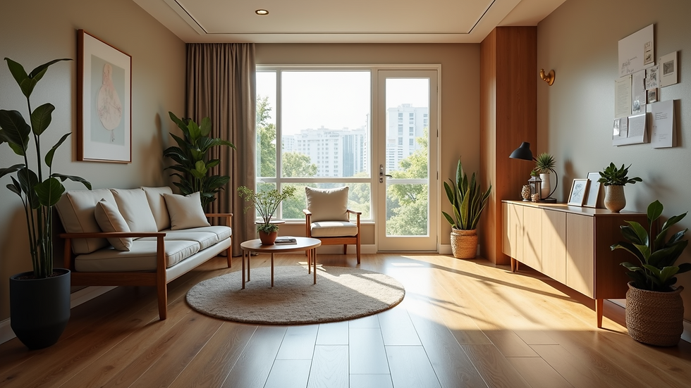 Eye-level view of a welcoming office space with a cozy seating area