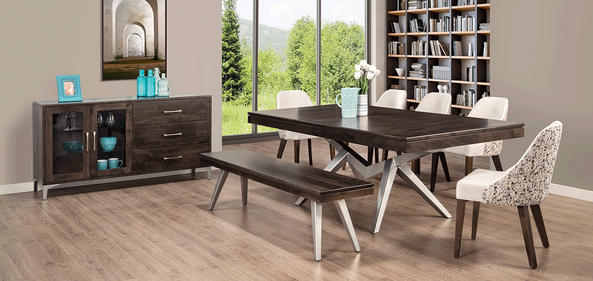 Laguna Dining Set by Handstone in room with table, chairs, bench and sideboard
