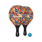 Two colorful Waboba paddles with a blue ball