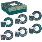 Set of six espresso cups and saucers with teal patterns and gift box