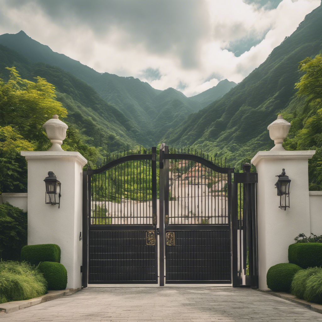 A large gate by two walls with lavish modern houses visible behind it with lush green moun