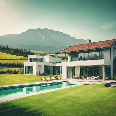 A beautiful modern house with swimming pool in Green Farm. Mountains and farmland visible.