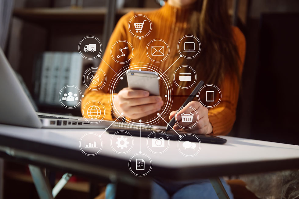 businesswoman-using-mobile-phone-laptop-computer-white-desk-big-data-analytics-with-busine