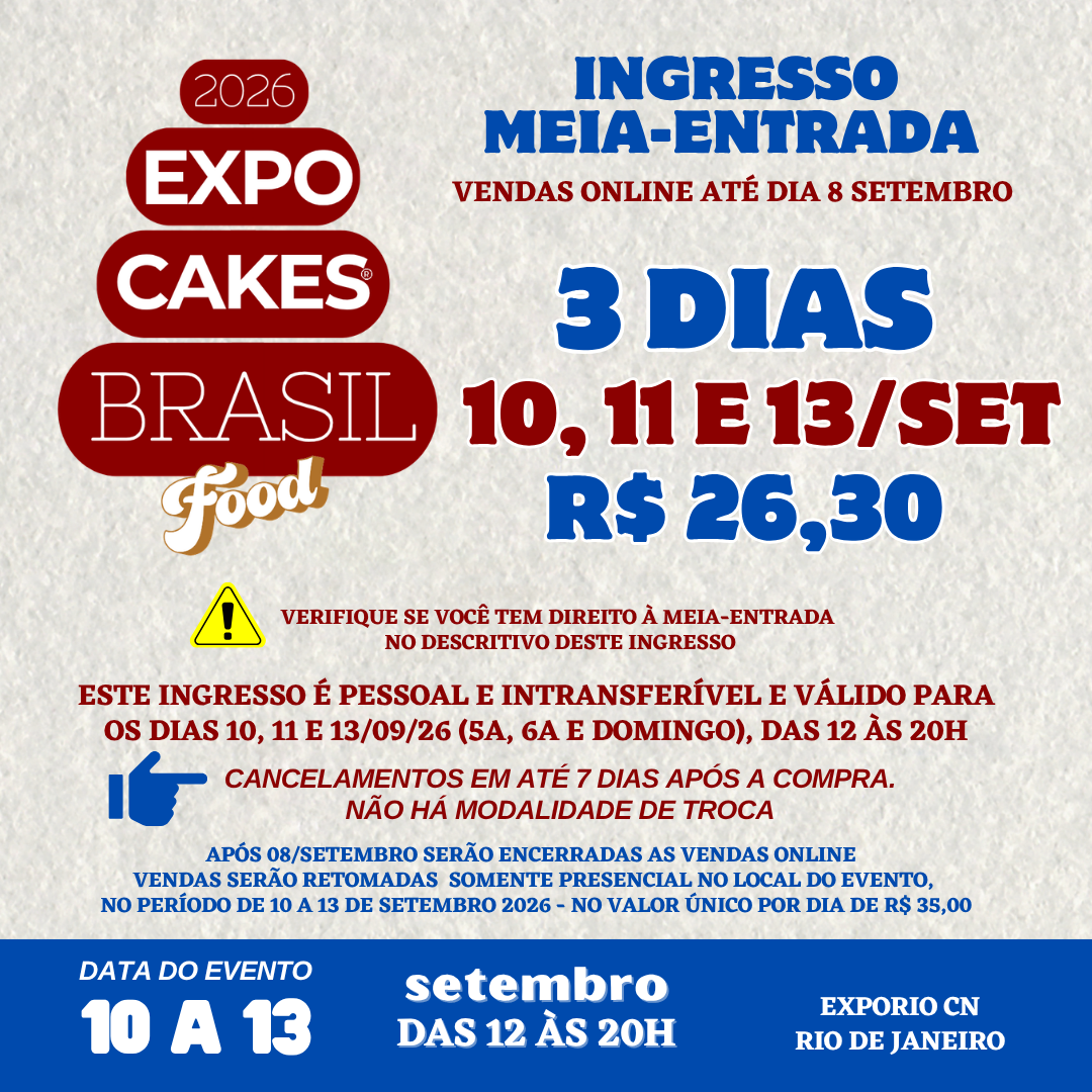 MEIA ENTRADA 3 DIAS - 10, 11 E 13 setembro