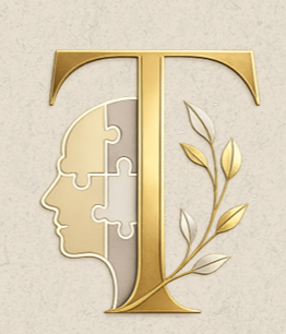 Logo dourado com a letra T e rosto em forma de quebra-cabeça