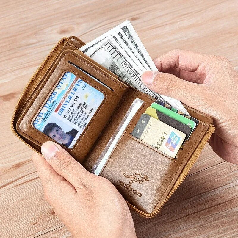 Miniatura: Carteira masculina de couro titular do cartão de visita com zíper bolsa cartei