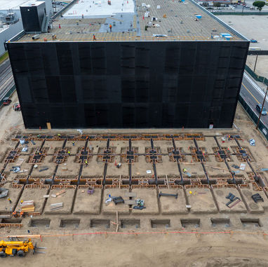 Drone aerial close-up showing structural construction detail at a data center facility in Los Angeles, CA.