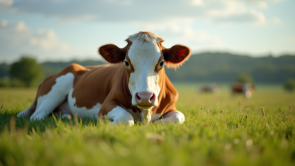 Eye-level view of a cow resting peacefully in a green pasture
