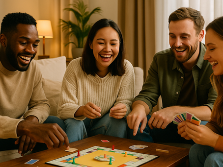 Group of young adults smiling and playing a board game together in a cozy living room setting.