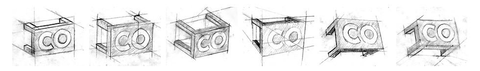 A round of sketches working out perspective