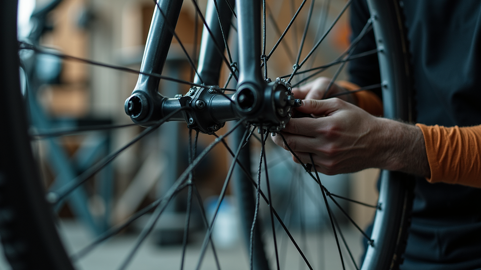 Close-up view of a bicycle wheel being repaired in a workshop