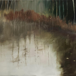 Beaver Pond 36x48" Oil, Black metal floating frame
