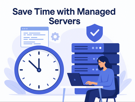 Modern illustration showing managed server time savings with a developer at a laptop, server racks, and a large clock, highlighting Buildservers.xyz at the bottom