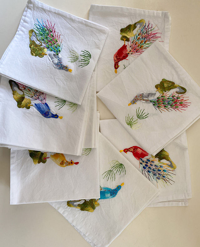 Miniature : Lot de 6 serviettes paon brodées mains