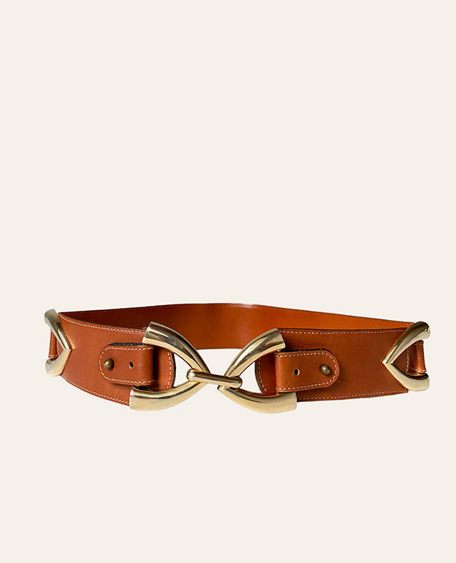 ceinture large vintage en cuir naturel et boucle metal dore