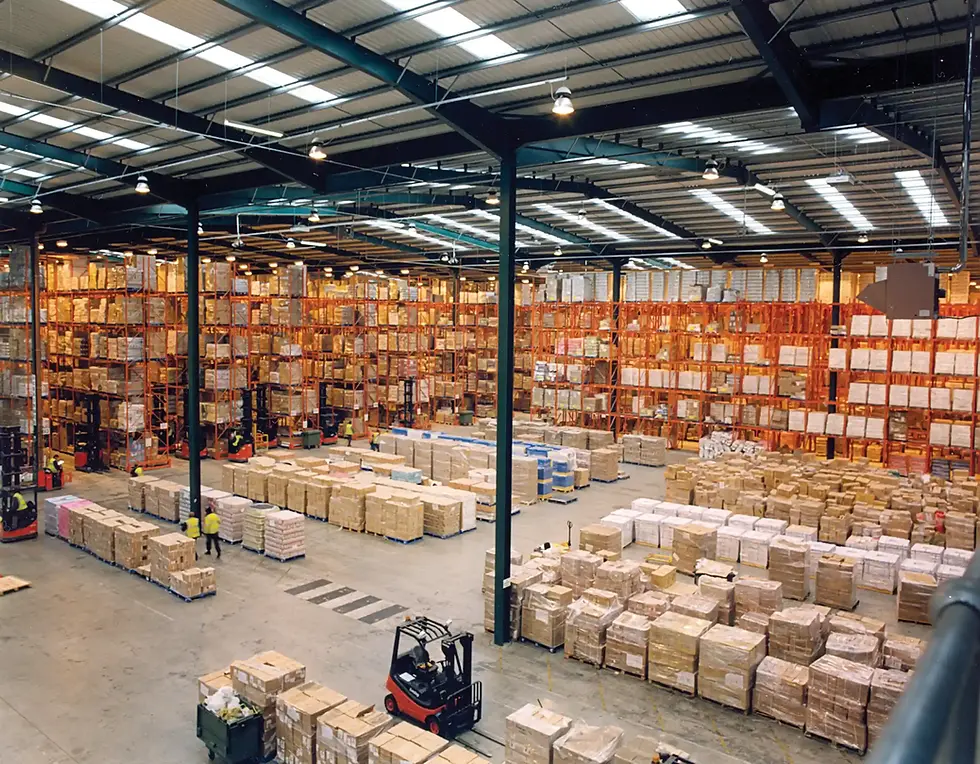 interior view of a large warehouse with pallet rack storage
