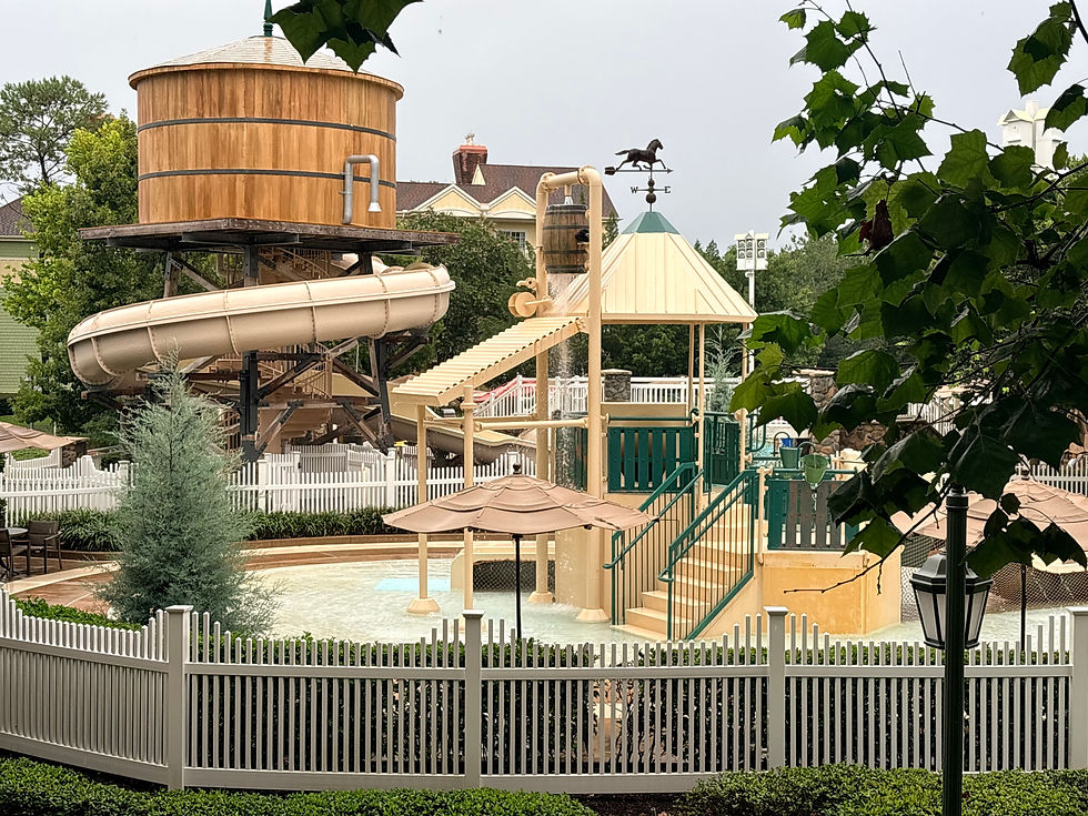View from a one-bedroom villa in The Paddock at Disney’s Saratoga Springs Resort & Spa overlooking the resort’s pool, water slide and children’s splash area.