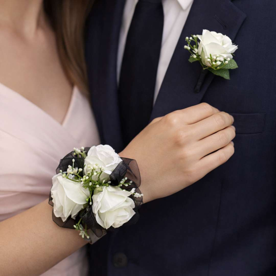 White And Black Corsage Set