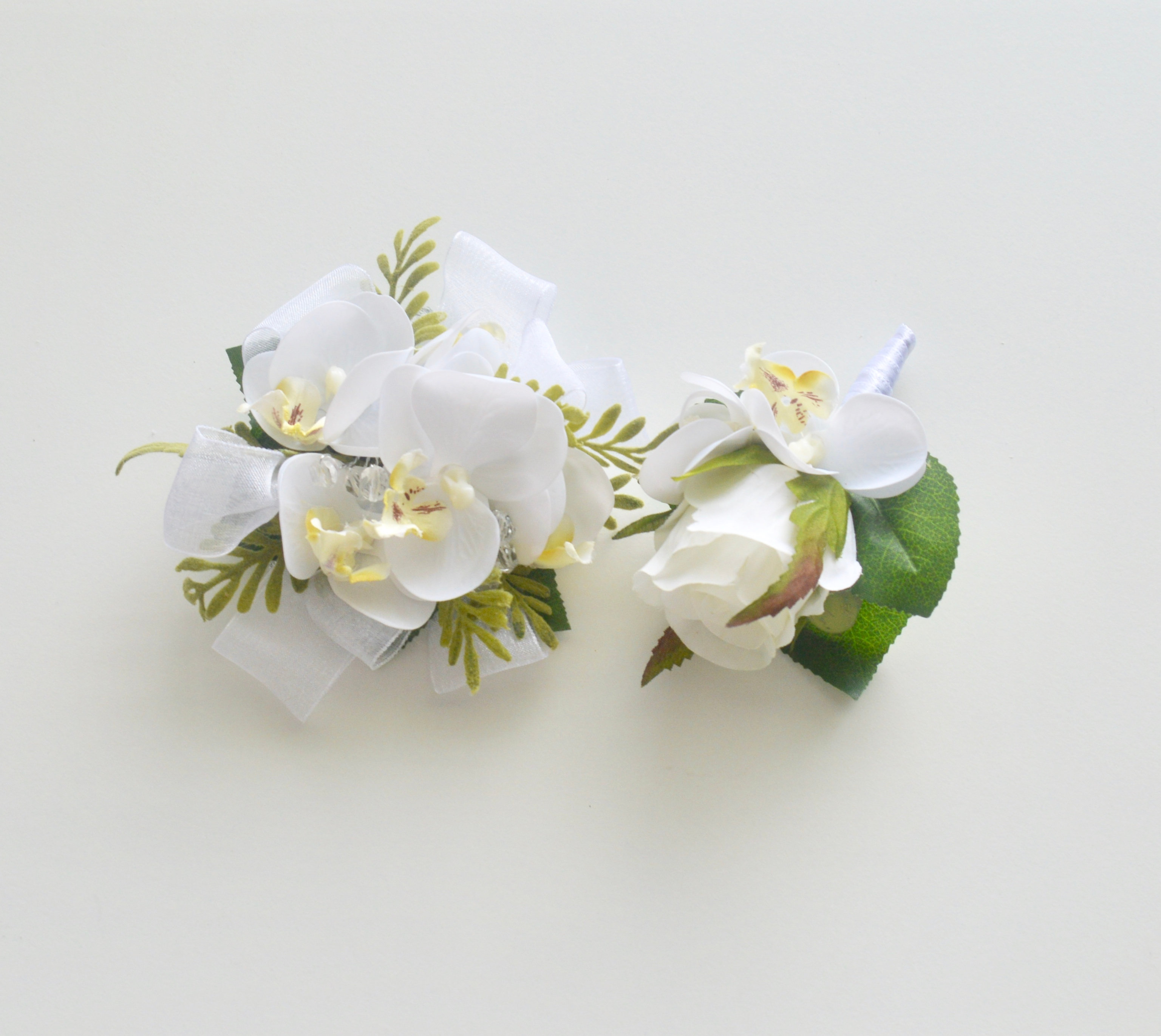Rustic White Orchid School Ball Wrist Corsage Buttonhole Floret Designs