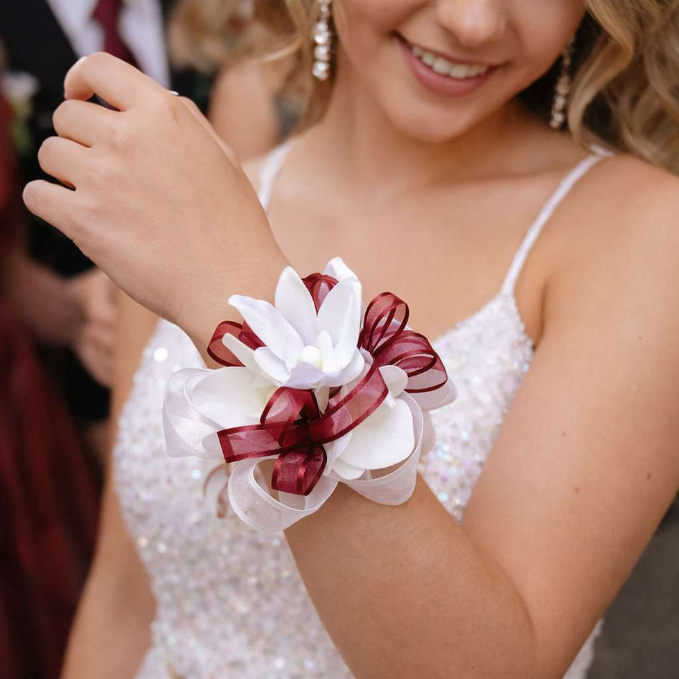 Thumbnail: Maroon And White Orchid Wrist Corsage