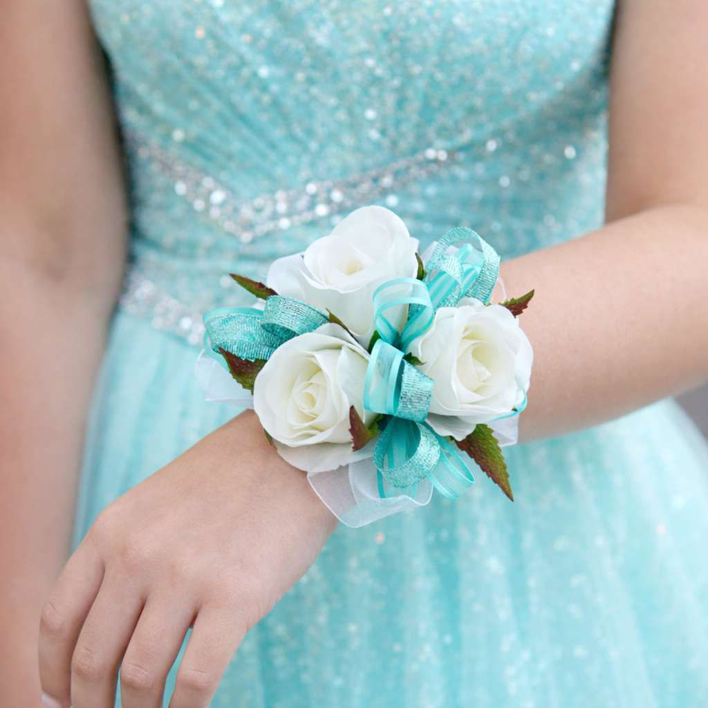 Aqua And White Wrist Corsage