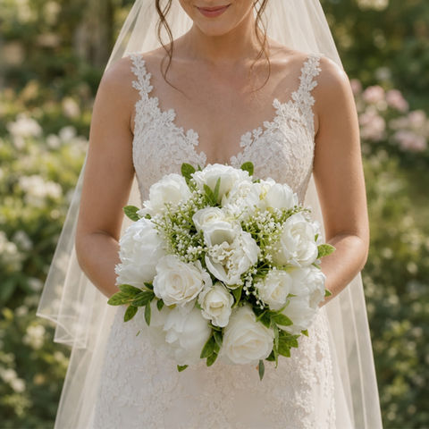 Bride holding white wedding flowers