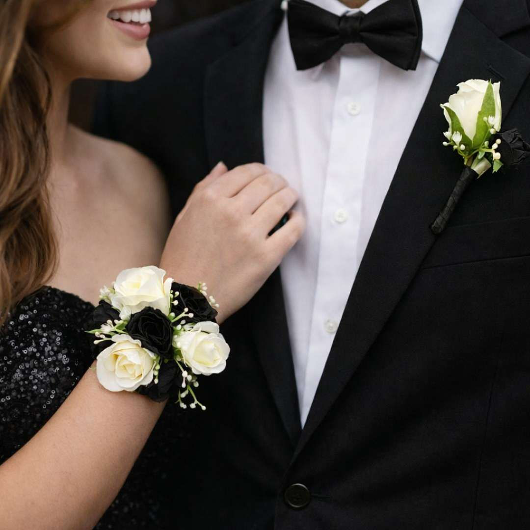 Black And White Rose Corsage Set