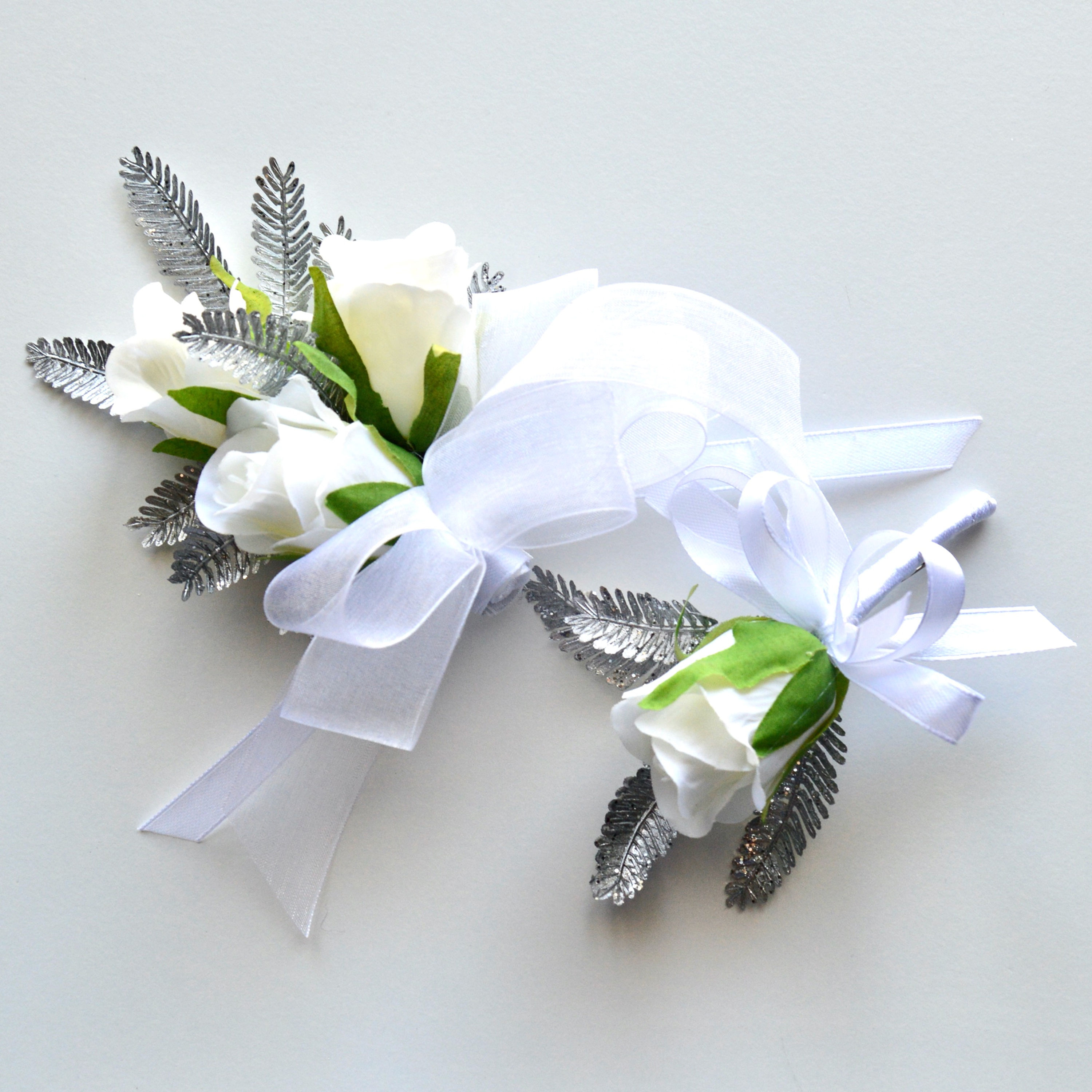 White Rose And Silver leaf Corsage Set