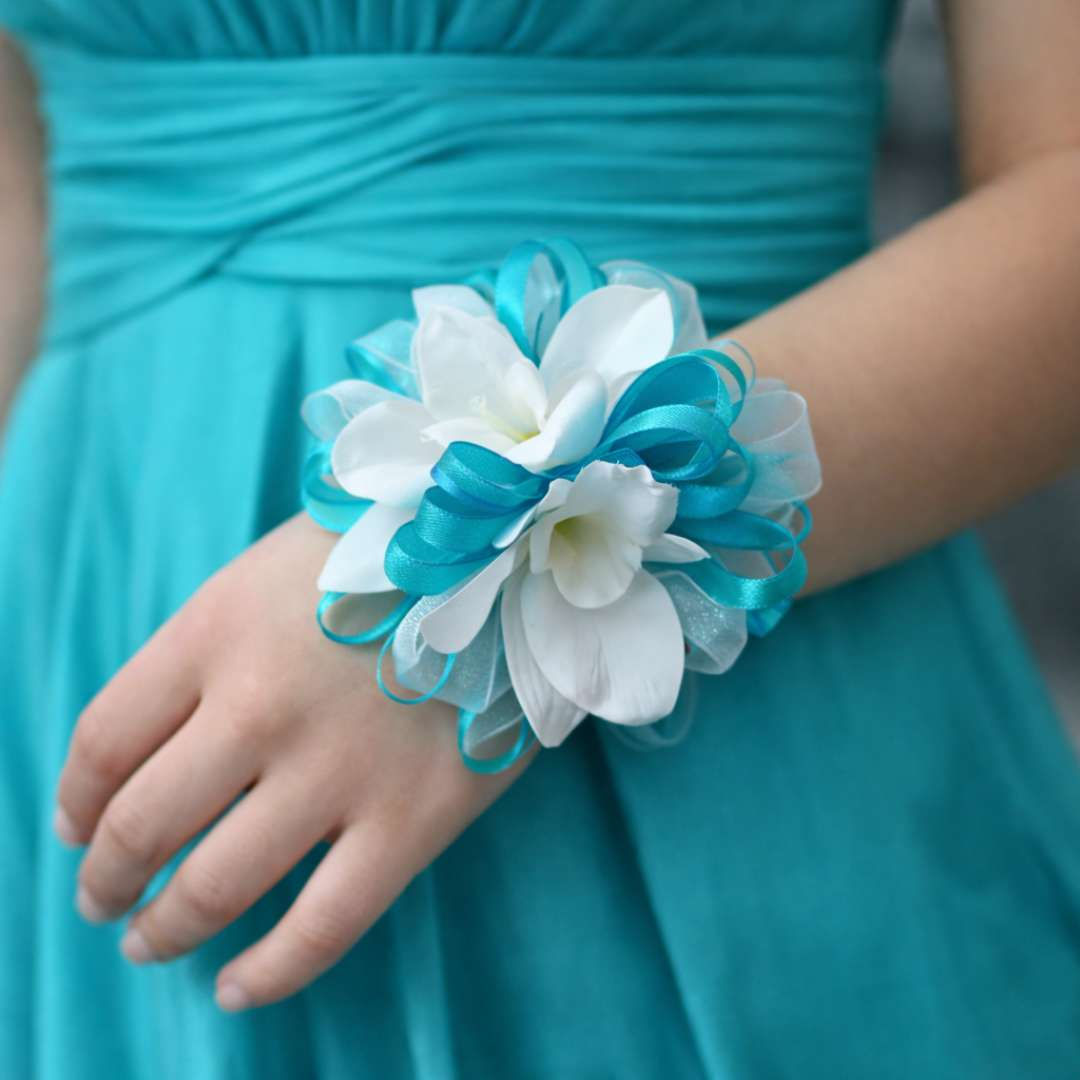 Turquoise And White Wrist Corsage